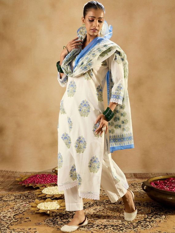 Cotton kurta set with a blue and green floral block print and lace trim.