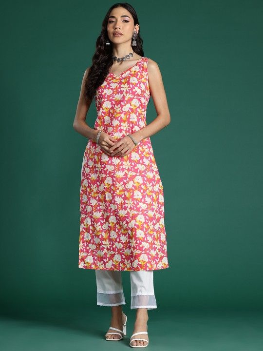 sleeveless kurta with white and yellow floral print.