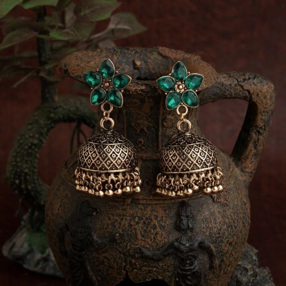 Gold Plated Floral Designed Stone Studded Antique Jhumki Earring