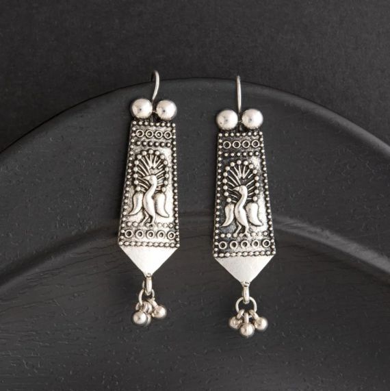 Oxidized Silver Plated Geometric Shaped Dangle Antique Earring