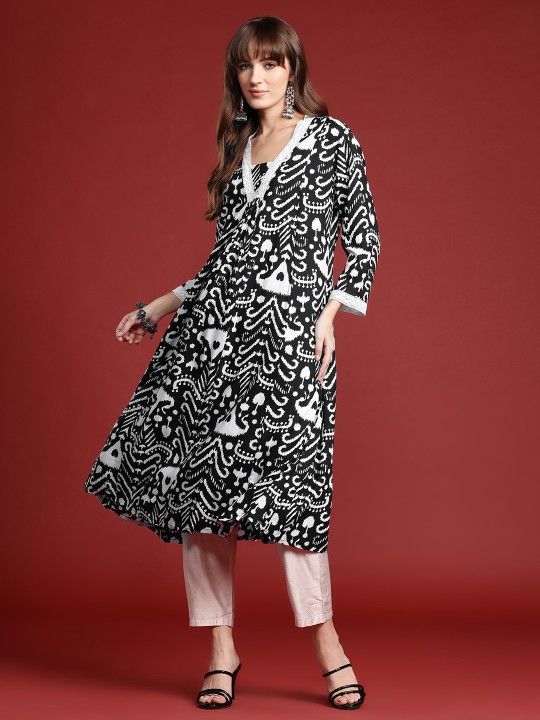 Ikat A-line kurta with lace neckline
