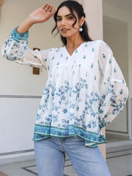 White georgette placement printed peplum top