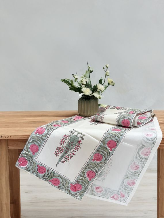 Hand Block Printed Cotton canvas Table Runner for Center/Dining Table (33 x 180 cm) (Anar Pine)