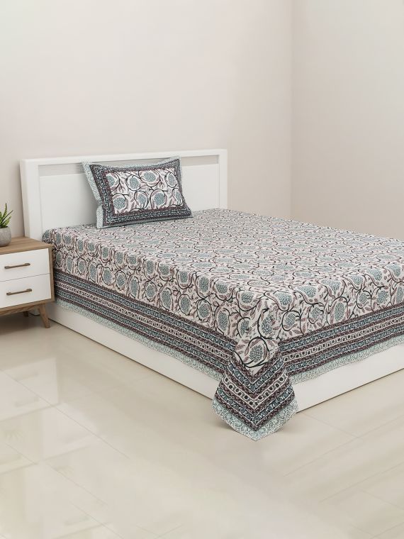 Angoor | Handblock Single Bedsheet Set | South Cotton | Floral Print |60*90