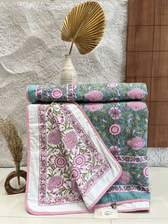 Cotton Dohar / Blanket Single Bed Size Hand Block Printed, Green Bagh Print