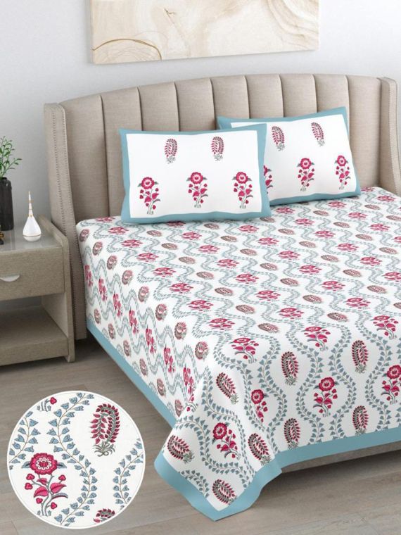Queen Size Pure Cotton Hand Block Print Bedsheet (Blue ogee)