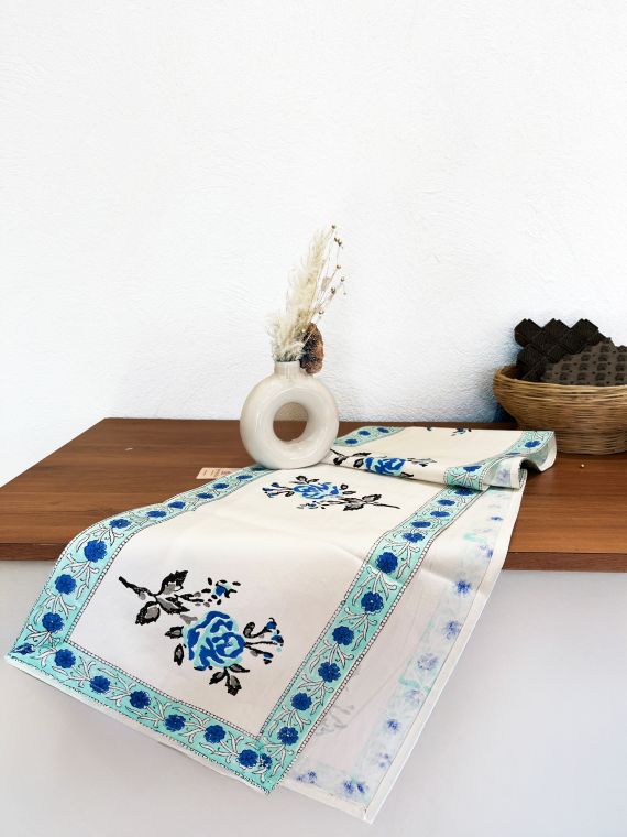 Hand Block Printed Cotton canvas Table Runner for Center/Dining Table (33 x 180 cm) (Blue Rose)