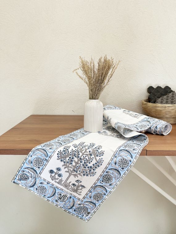 Hand Block Printed Cotton canvas Table Runner for Centre/Dining Table (33 x 180 cm) (Blue tree)