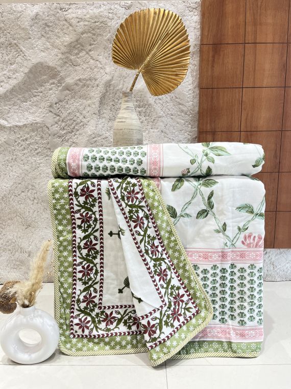 Cotton Dohar / Blanket Single Bed Size Hand Block Printed, Botanical Jaal