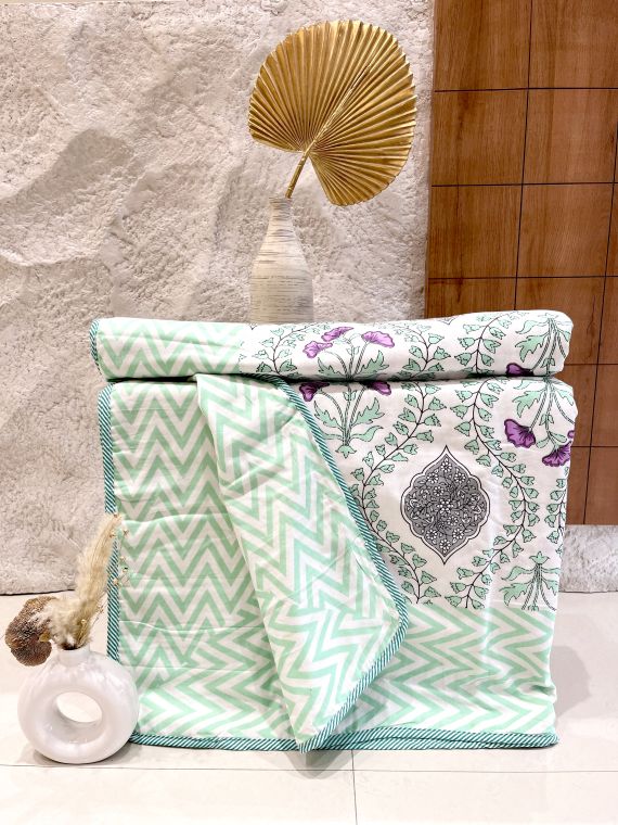 Cotton Dohar / Blanket Single Bed Size Hand Block Printed, Green ogee with chevron border