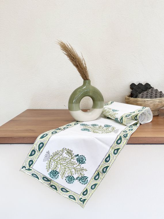 Hand Block Printed Cotton canvas Table Runner for Center/Dining Table (33 x 180 cm) (Green Tree)