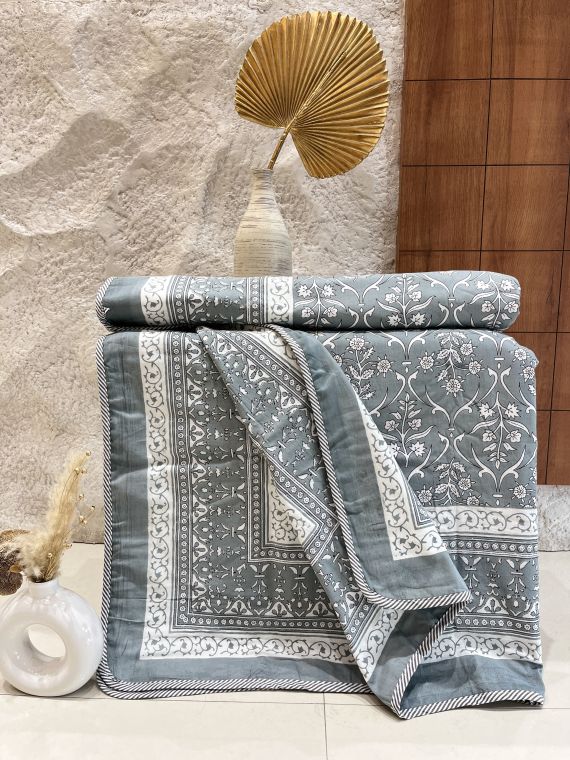 Cotton Dohar / Blanket Single Bed Size Hand Block Printed, Grey Mughal window print