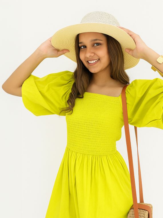 Bright Lime Yellow Puff Sleeve Midi Dress