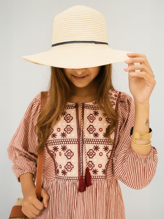 Striped Embroidered Mini Dress with Boho Detailing 