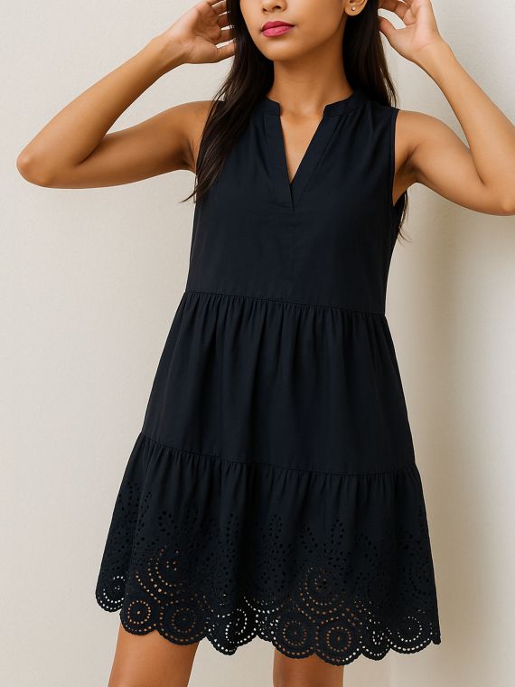 Black Sleeveless Tiered Dress with Eyelet Scallop Hem