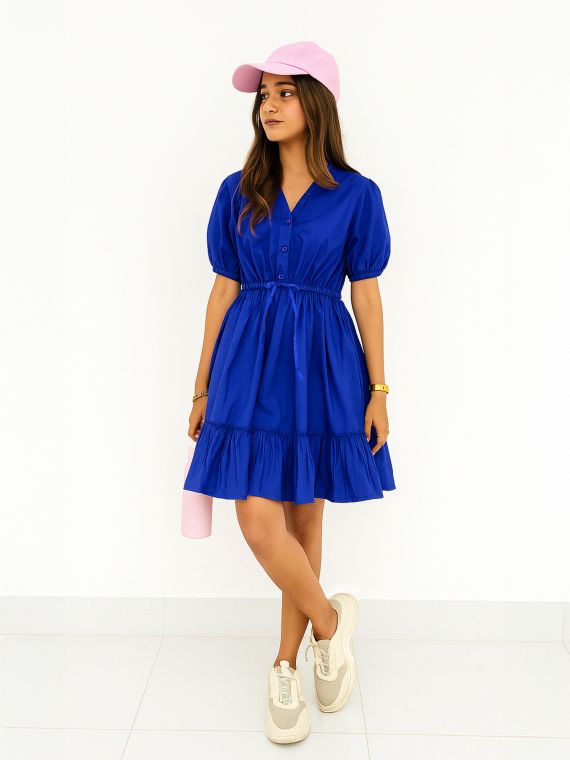Cobalt Blue Button-Down Mini Dress with Puff Sleeves
