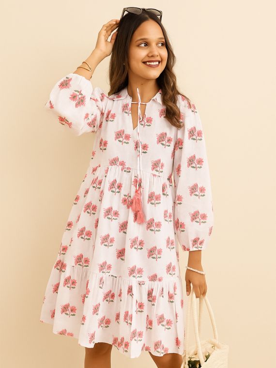White Floral Printed Mini Dress with Tassel Tie-Up