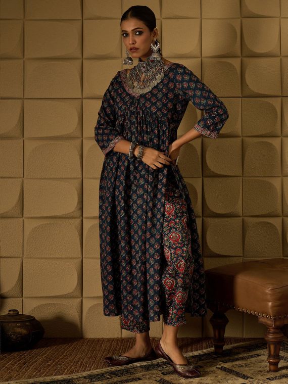 navy blue cotton flared kurta set with a red and green floral block print.