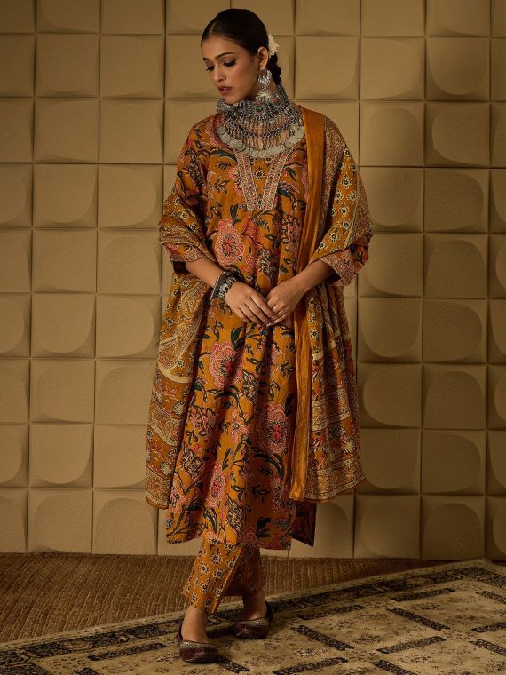 Mustard Kalamkari printed kurta suit set
