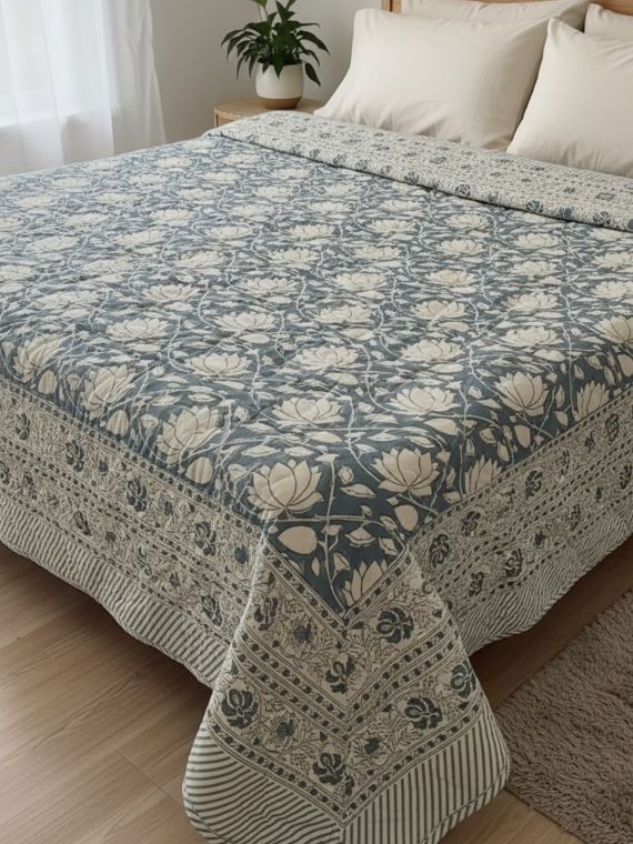 King Size Mulmul Hand Block Printed Lotus Quilt in Indigo 
