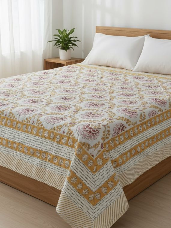 King Size Hand Block Printed Ogee mustard Quilt in cotton mulmul