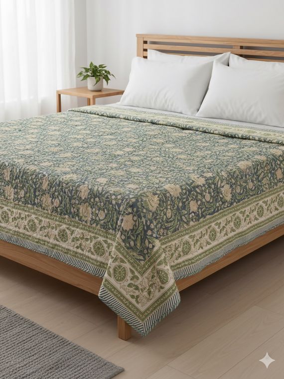 King Size Teal & Green Floral Hand Block Quilt in Cotton Mulmul