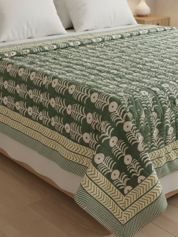 King Size Turquoise Hand Block Printed Cotton Mulmul Quilt