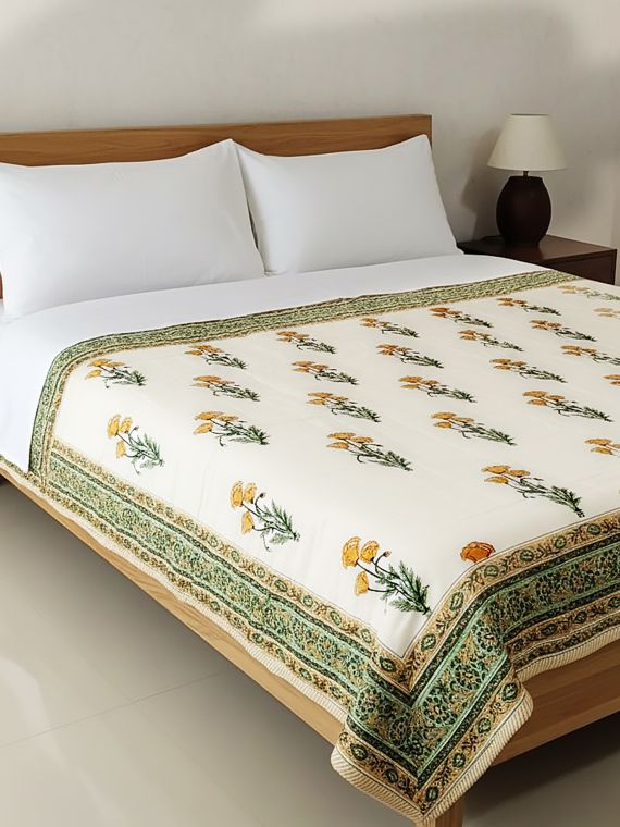 King Size Yellow & Green Floral Block Print Quilt in Cotton Mulmul