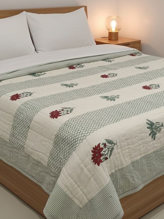 King Size Striped Floral Block Print Quilt in cotton mulmul