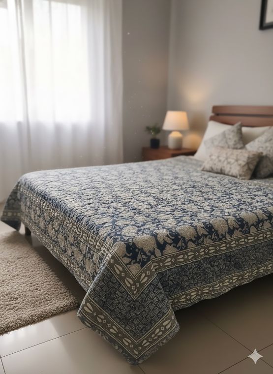 Indigo Floral Block Print King Size Quilt