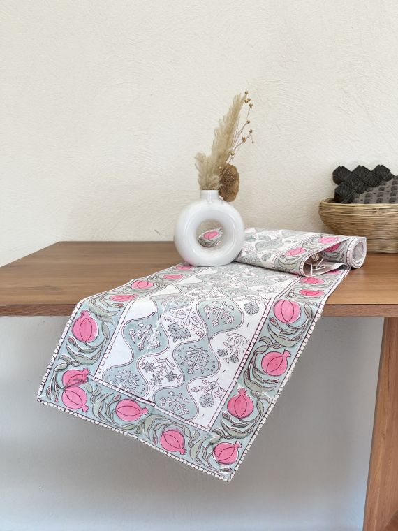 Hand Block Printed Cotton canvas Table Runner for Center/Dining Table (33 x 180 cm) (Pink Anar ogee)