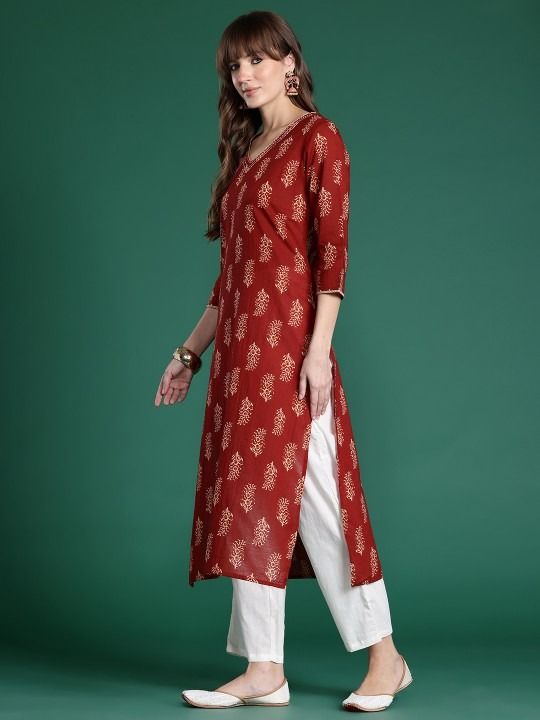 Maroon Ethnic Motifs Printed Pure Cotton Kurta