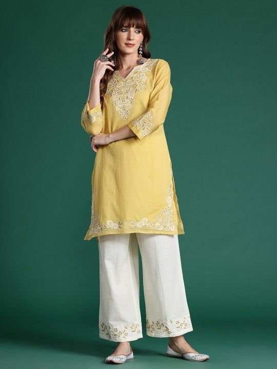 Yellow Floral Embroidered Thread Work Pure Cotton Kurti with Trousers