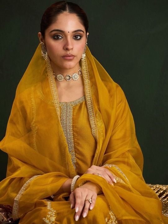 Mustard Ethnic Motifs Embroidered Sequinned Kurta With Trousers & Dupatta