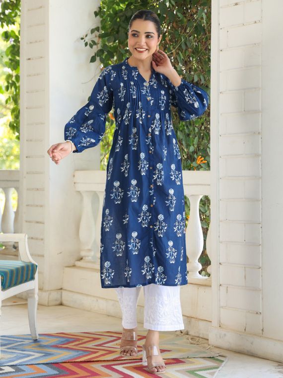 Indigo pure cotton block printed A-line pleated kurta