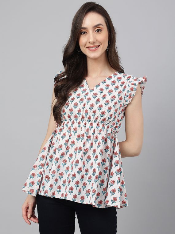 white printed Sleeveless top with ruffle