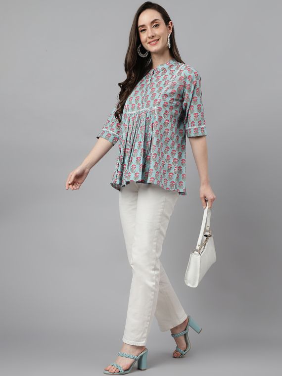 Printed cotton top in mandarin collar