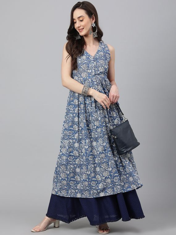 Blue floral printed sleeveless A-line kurta