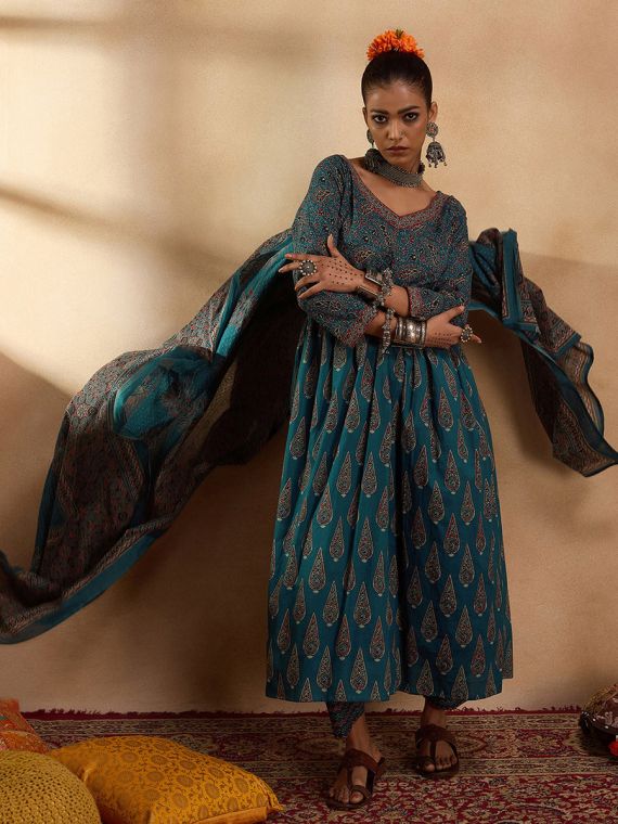 Teal green Alia cotton suit set 