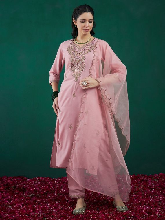 Cotton silk suit set with delicate embroidery and organza dupatta.
