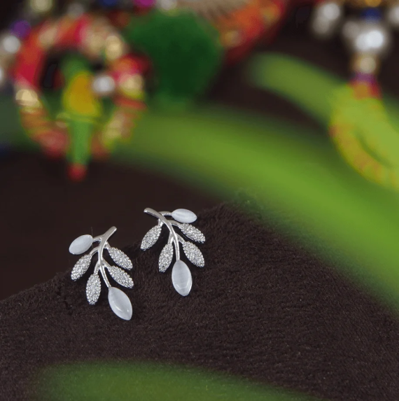 Korean Silver Plated Opal Leaf Shaped Stud Earring