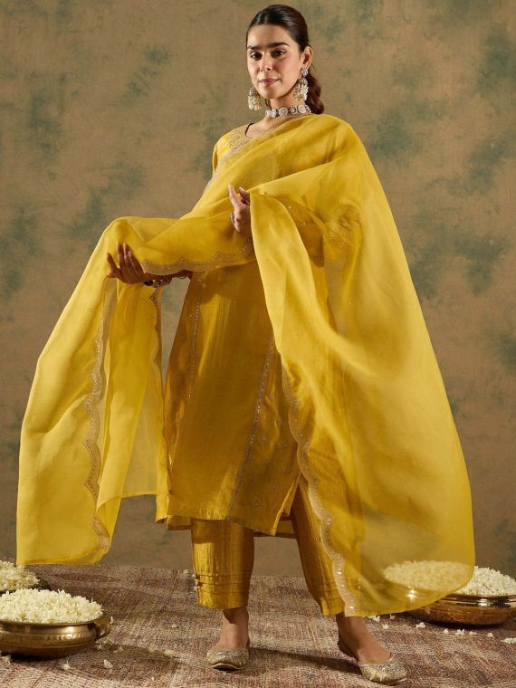 Tussar  silk blend suit set with delicate silver zari embroidery and organza dupatta