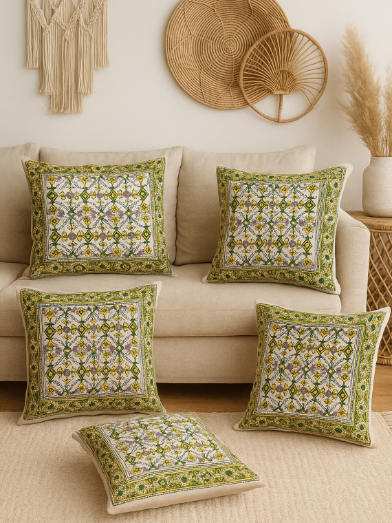 Mughal Jaal pale yellow Cushion cover set of 5-16"*16"