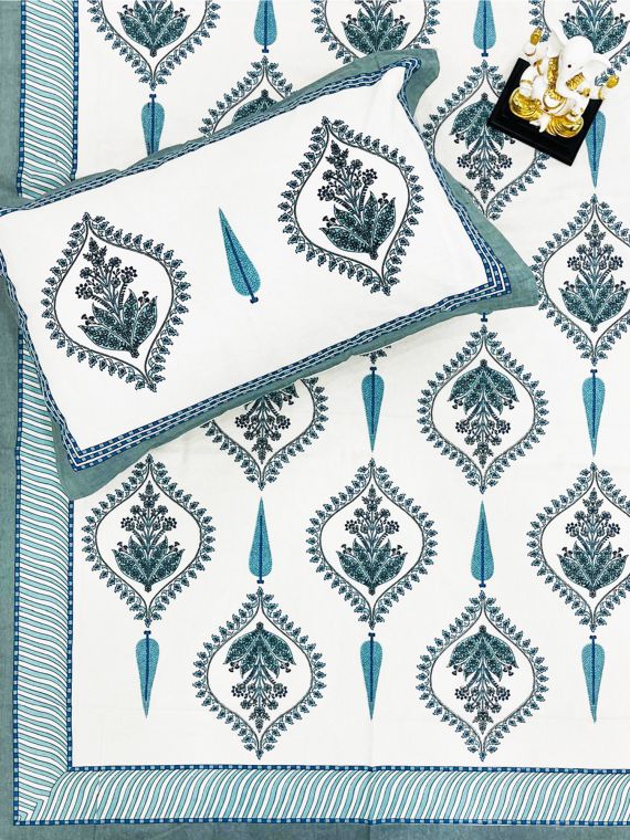 Light Blue Mughal Ogee Handblock Printed Cotton Queen Size Bedsheet 100*108"