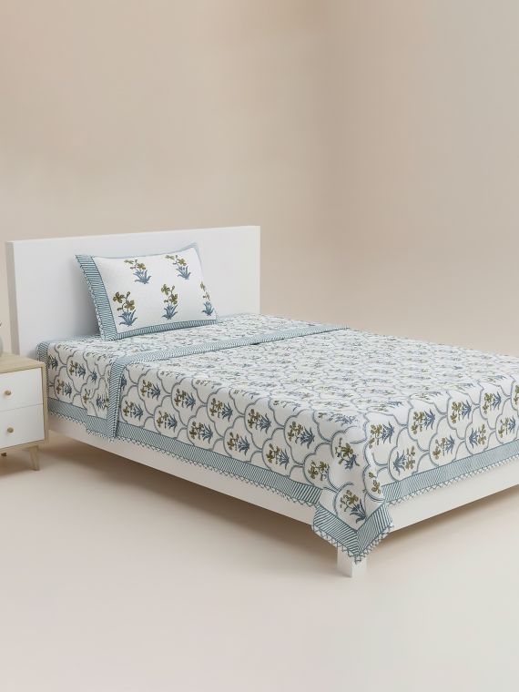 Mughal Trail | Handblock Single Bedsheet Set | South Cotton | Floral Print |60*90"