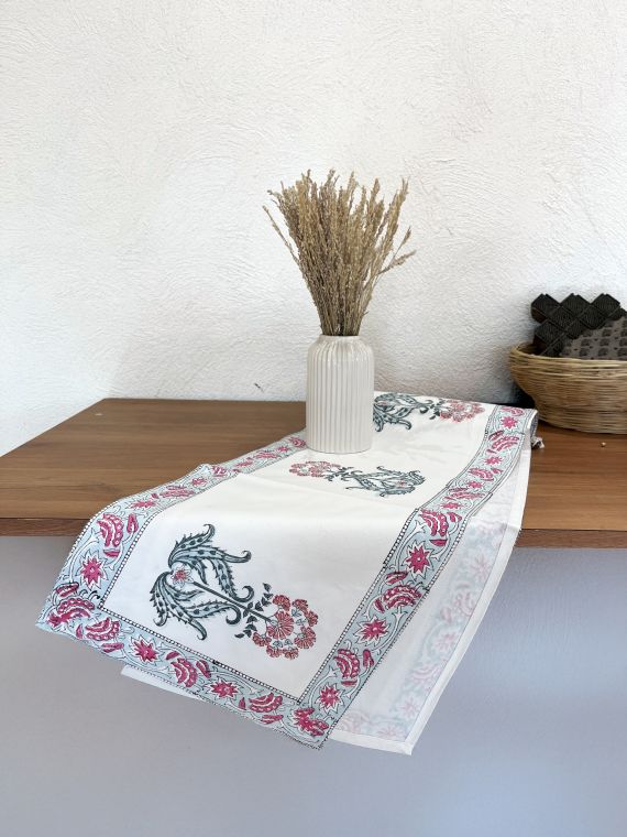 Hand Block Printed Cotton canvas Table Runner for Center/Dining Table (33 x 180 cm) (Parijaatak Buttah)