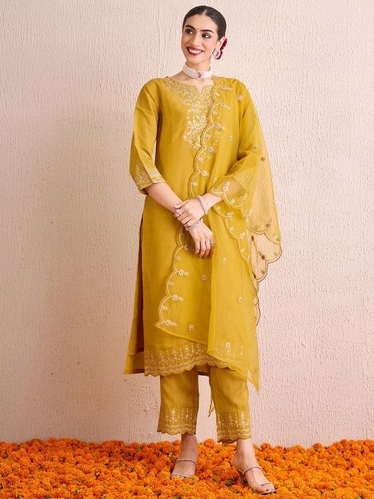 Viscose silk straight kurta set with zari embroidery