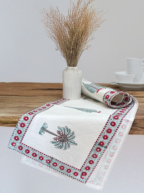 Hand Block Printed Cotton canvas Table Runner for Center/Dining Table (33 x 180 cm) (Red Pine Tree)