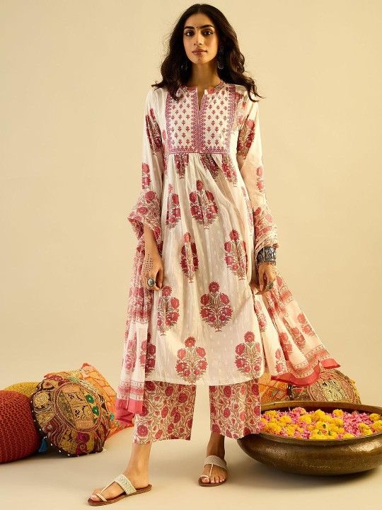cotton flared kurta set with pink floral block print 