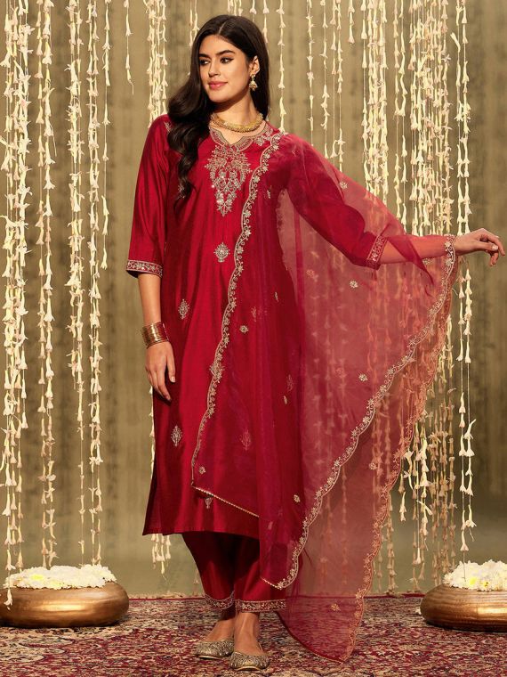 Cotton silk suit set with gold zari and sequin embroidery and organza dupatta.